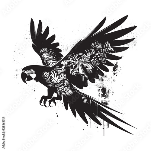 silhouette of Macaw filled with graffiti street wall in rough drawing