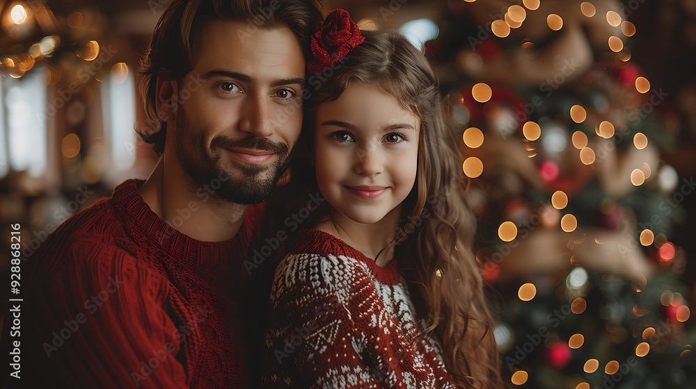 A cozy holiday portrait, where a family dressed in matching holiday colors stands in front of a decorated Christmas tree, the room filled with festive lights, ornaments, and a warm, inviting glow. A cozy holiday portrait, where a family dressed in matching holiday colors stands in front of a decorated Christmas tree, the room filled with festive lights, ornaments, and a warm, inviting glow.