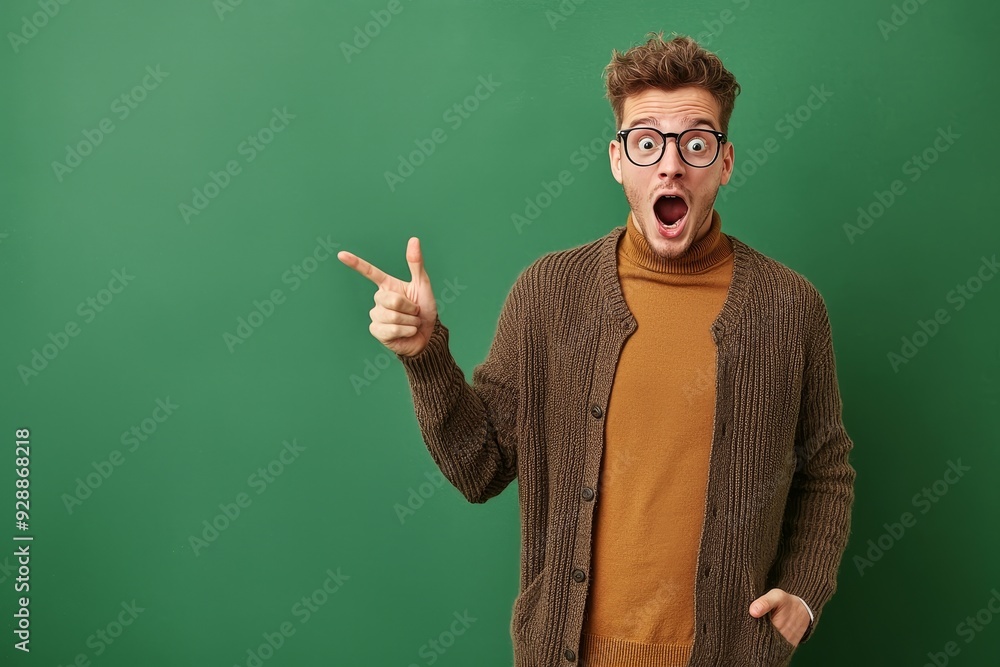 Isolated on khaki color background, a young man points shockedly at an empty space while wearing a trendy brown outfit Isolated on khaki color background, a young man points shockedly at an empty space while wearing a trendy brown outfit