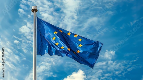 the flying flag of the european union against the high blue sky 