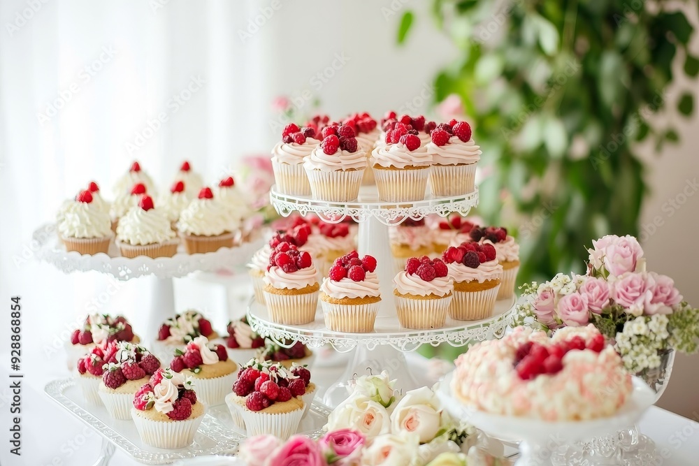 Arrangements of cupcakes, fresh berries, and elegant floral arrangements for a delightful dessert display Arrangements of cupcakes, fresh berries, and elegant floral arrangements for a delightful dessert display