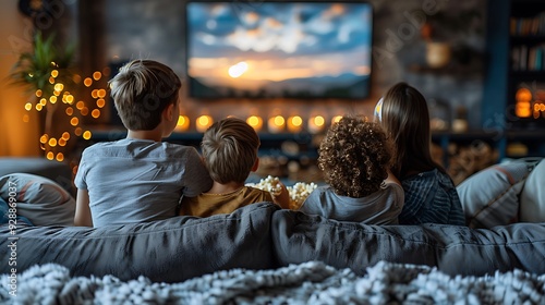 A delightful family movie night, with children and parents cuddled up on the couch, popcorn at the ready, the dim light from the TV creating a warm glow,