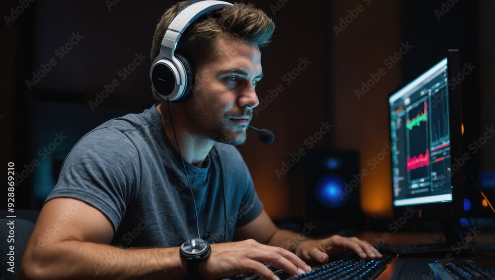 Man in headphones playing on computer Man in headphones playing on computer