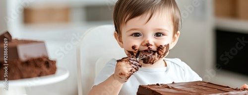 Cute baby boy joyfully indulging in chocolate cake with a big smile and chocolate-covered face in a bright studio setting photo