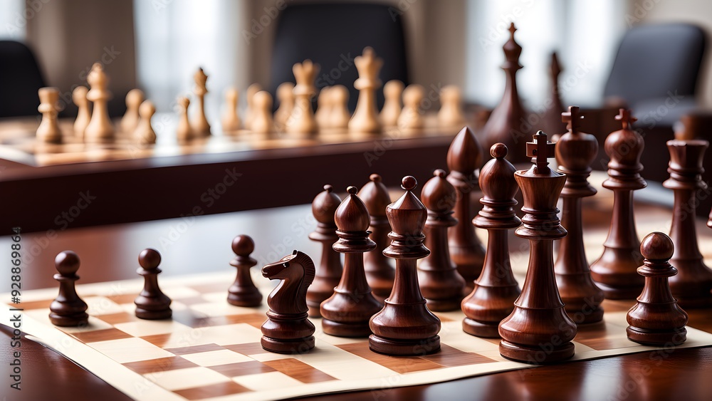 A chess board with two sets of pieces, one set is black and the other is brown A chess board with two sets of pieces, one set is black and the other is brown
