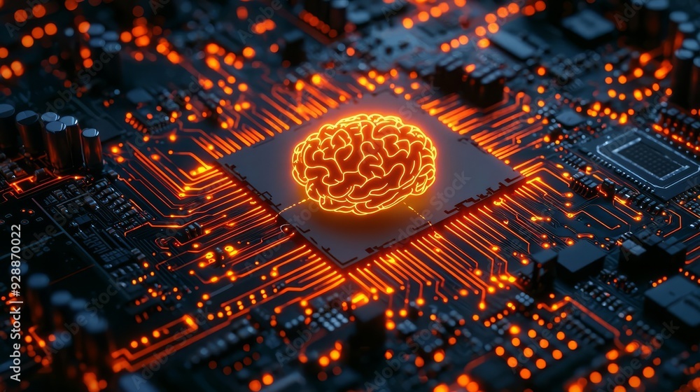 A glowing circuit board with an AI-powered brain at its center, symbolizing the core of intelligent machines