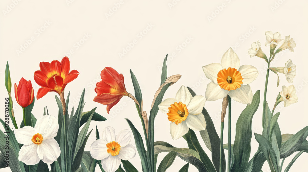 A botanical illustration featuring daffodils and tulips, ideal for conveying elegance and celebration. The artwork showcases the flowers in a refined and artistic manner, perfect for decorative. A botanical illustration featuring daffodils and tulips, ideal for conveying elegance and celebration. The artwork showcases the flowers in a refined and artistic manner, perfect for decorative.