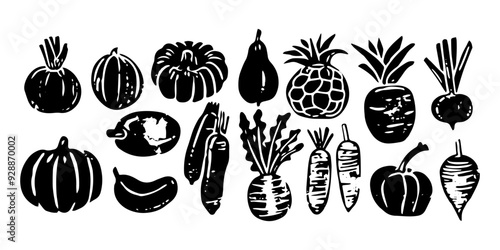 Different vegetables linocut vector illustration with grunge texture. Monochrome linear woodcut illustration. Harvest, autumn isolated graphic elements. Vector set