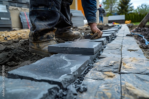 Wallpaper Mural Laying Pavers: A Close-Up of Stone Installation in a Landscape Project Torontodigital.ca