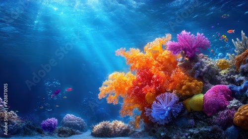 Vibrant Coral Reef under the Sea. A colorful and lively coral reef scene with diverse marine life swimming in clear blue water.