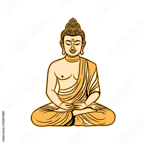 Buddha in a meditation pose. Gold or bronze buddha figure. Buddha Shakyamuni, Siddhartha Gautama. Buddha purnima, vesak day. Vector illustration isolated on white background