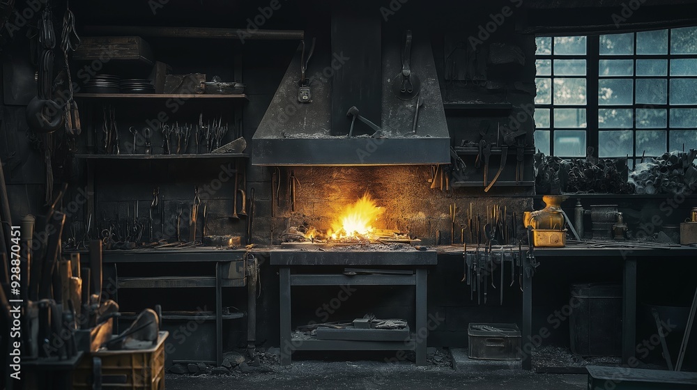 Rustic Blacksmith Workshop with Glowing Forge, Anvil, and Tools in Dark Interior Surrounded by History and Craftsmanship Rustic Blacksmith Workshop with Glowing Forge, Anvil, and Tools in Dark Interior Surrounded by History and Craftsmanship
