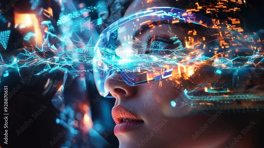 The woman engages with holographic projections in a vibrant, technology-rich setting, showcasing advanced augmented reality capabilities. The woman engages with holographic projections in a vibrant, technology-rich setting, showcasing advanced augmented reality capabilities.