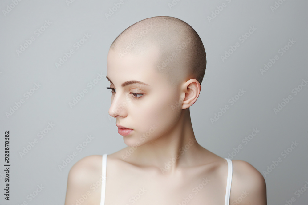 Cancer awareness conceptual Generative AI illustration with bald hairless person after chemo treatment Cancer awareness conceptual Generative AI illustration with bald hairless person after chemo treatment