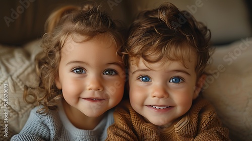 A heartwarming close-up of two siblings sitting together, sharing a toy and laughing, their faces full of joy, soft natural light illuminating their expressions, photo