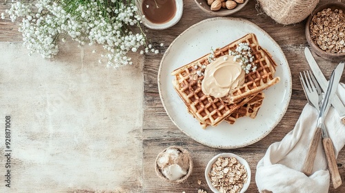  A white plate holds waffles with frosting and a cup of coffee beside a napkin