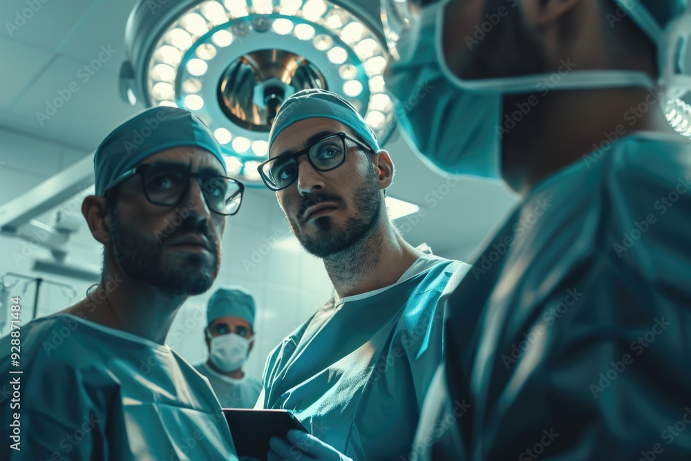 A group of surgeons standing in an operating room, ready for surgery A group of surgeons standing in an operating room, ready for surgery