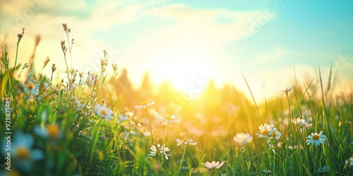 Morning Glow Over a Blooming Meadow in Spring