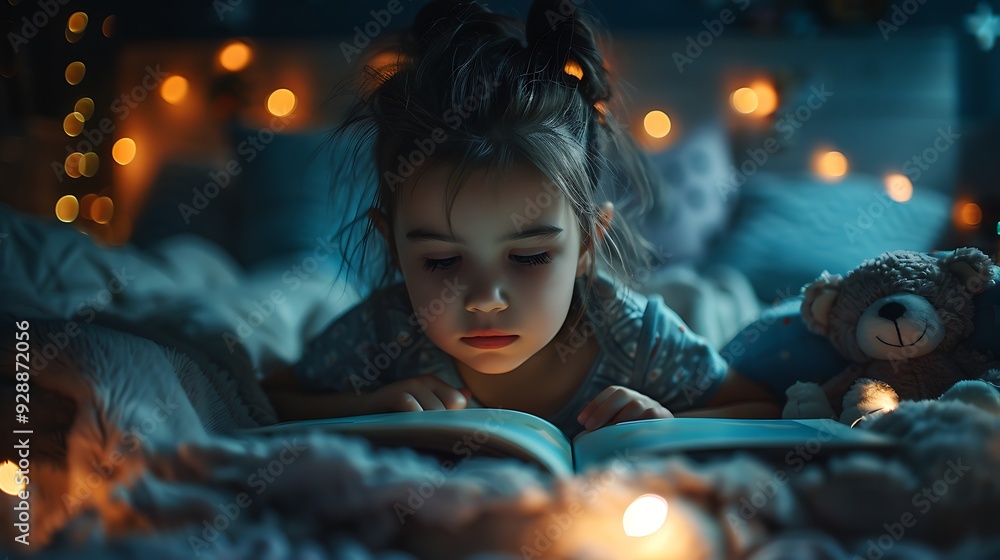 A heartwarming scene of a parent reading a bedtime story to a child, the room softly lit by a bedside lamp, with the child snuggled under a cozy blanket, stuffed animals surrounding them,