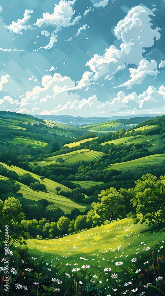 Obraz premium Spring green rural fields flat illustration poster background