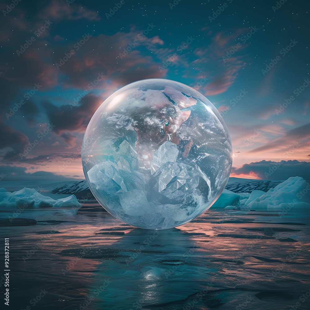 Obraz premium A transparent sphere containing the Earth floats above a frozen landscape with a pink and blue sky.