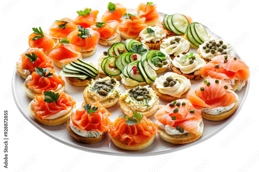 Assorted canapes plate with various toppings, isolated on white background. Assorted canapes plate with various toppings, isolated on white background.