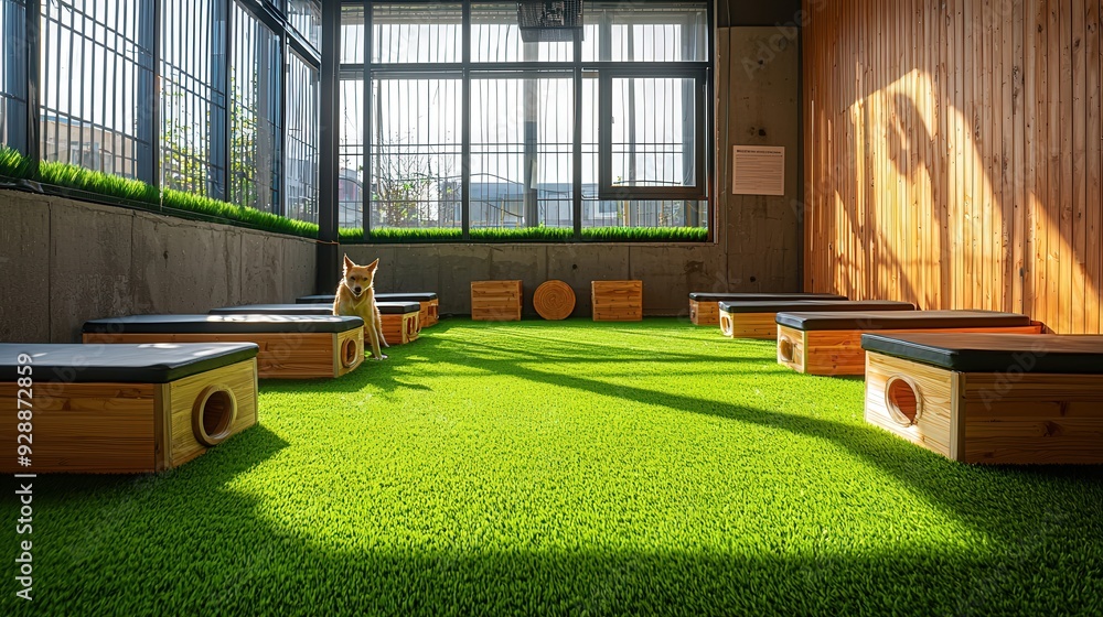 Modern indoor pet daycare facility with natural light, featuring cozy ...