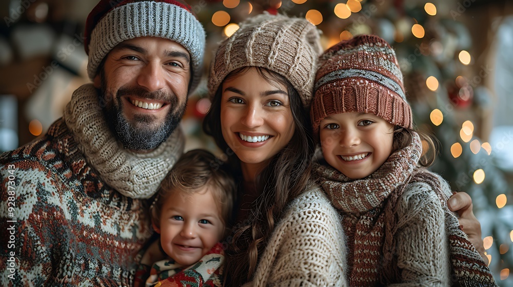 A joyful family holiday portrait, with everyone dressed in coordinating holiday attire, standing in front of a Christmas tree adorned with lights and ornaments, A joyful family holiday portrait, with everyone dressed in coordinating holiday attire, standing in front of a Christmas tree adorned with lights and ornaments,