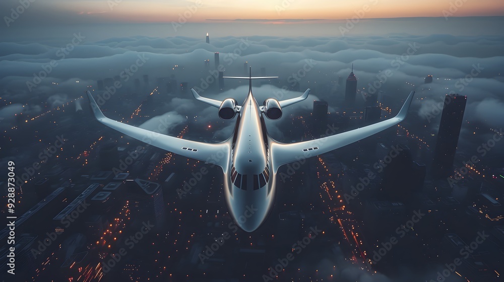 Fototapeta premium Futuristic Airliner with Adaptive Morphing Wings Soaring Over Cityscape