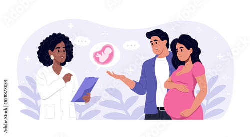 Couple expecting a child visits a doctor. A doctor consults a pregnant woman with her husband. Flat vector illustration