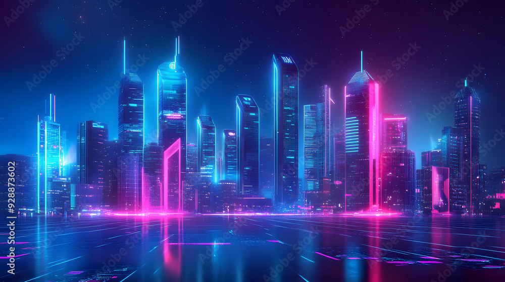 Futuristic Smart City Skyline with Neon Lights and Digital Network, Cyberpunk Sci-Fi Urban Landscape, Advanced High-Tech Buildings at Night Futuristic Smart City Skyline with Neon Lights and Digital Network, Cyberpunk Sci-Fi Urban Landscape, Advanced High-Tech Buildings at Night