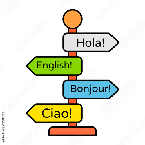 Hola ciao text vector icon design, International Day of Language symbol, Translation Services sign, Plurilingualism and Multilingualism stock illustration, Different Language Signage with Pole concept