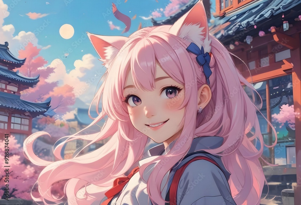 Happy Anime-Style Girl with Pink Hair and Cat Ears