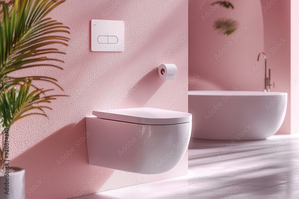 A sleek wall-mounted toilet is positioned against a pastel pink wall, complemented by minimalist accessories in a contemporary bathroom setting A sleek wall-mounted toilet is positioned against a pastel pink wall, complemented by minimalist accessories in a contemporary bathroom setting