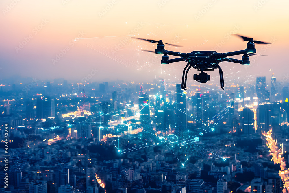 Naklejka premium Drone Over Smart City Skyline With Digital Network Connections and Futuristic Data Interface at Sunset
