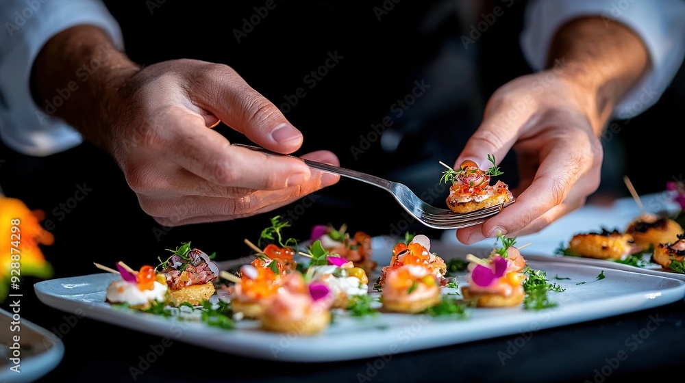 A person holding a fork with a small piece of food on it in a close-up of a plate of food A person holding a fork with a small piece of food on it in a close-up of a plate of food