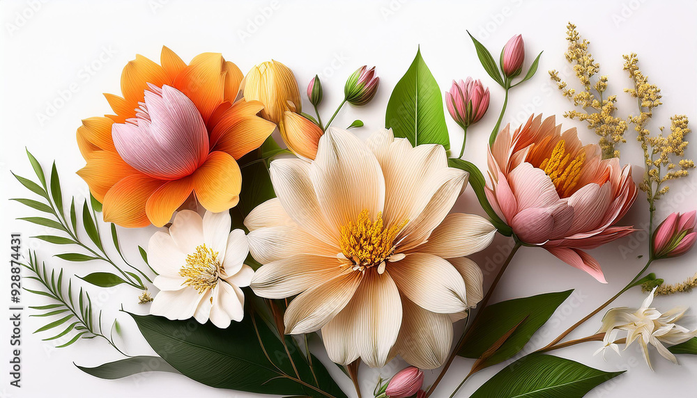 白い背景にクリーム色、オレンジ、ピンクの花々が立体的に描かれたデザインです。花びらは丁寧に表現されており、緑の葉や小さなつぼみがデザイン全体にアクセントを加えています。明るく華やかな雰囲気が特徴で、装飾やデザインに適しています。generative AI