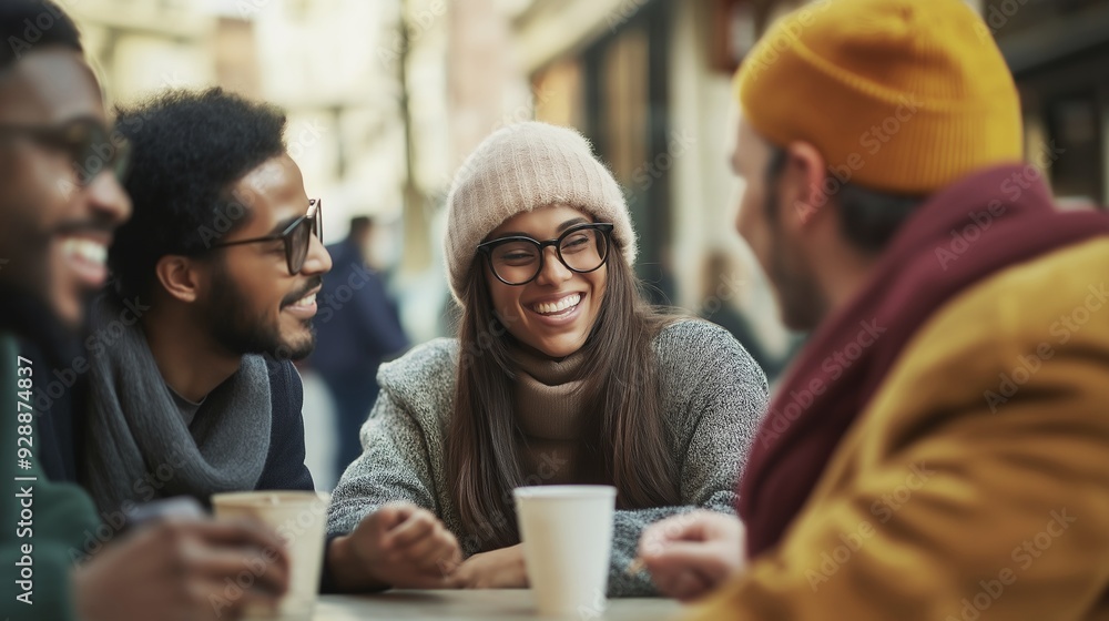 Happy and diverse group of friends of different ethnicities laughing and enjoying coffee in an outdoor cafe in the city during the day Happy and diverse group of friends of different ethnicities laughing and enjoying coffee in an outdoor cafe in the city during the day