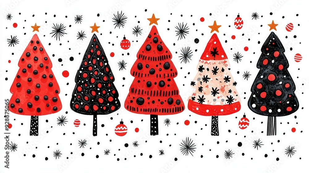 Five vibrant Christmas trees are adorned with decorations, featuring red, black, and gold colors against a white backdrop, creating a joyful holiday atmosphere Five vibrant Christmas trees are adorned with decorations, featuring red, black, and gold colors against a white backdrop, creating a joyful holiday atmosphere