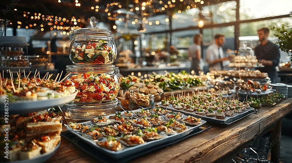 A wooden table, laden with numerous trays of food, is positioned adjacent to a buffet brimming with sandwiches and salads A wooden table, laden with numerous trays of food, is positioned adjacent to a buffet brimming with sandwiches and salads
