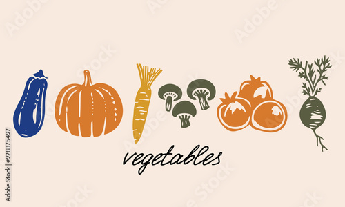 Hand drawn linocut style vegetables set. Grunge illustration of different vegetables. Vector background	