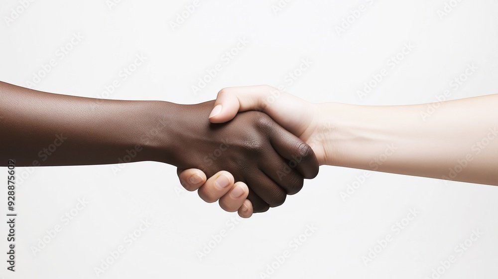Corporate partnership and cooperation agreement symbolized by a handshake between two diverse races - black and white hands coming together for success. Corporate partnership and cooperation agreement symbolized by a handshake between two diverse races - black and white hands coming together for success.