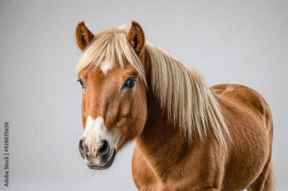Fototapeta premium Palomino Shetland pony, Equus caballus, 3 years old, standing in front of white background