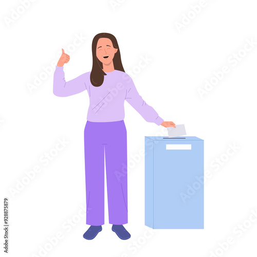 Happy smiling woman cartoon character throwing voting ballot into election box gesturing thumbsup