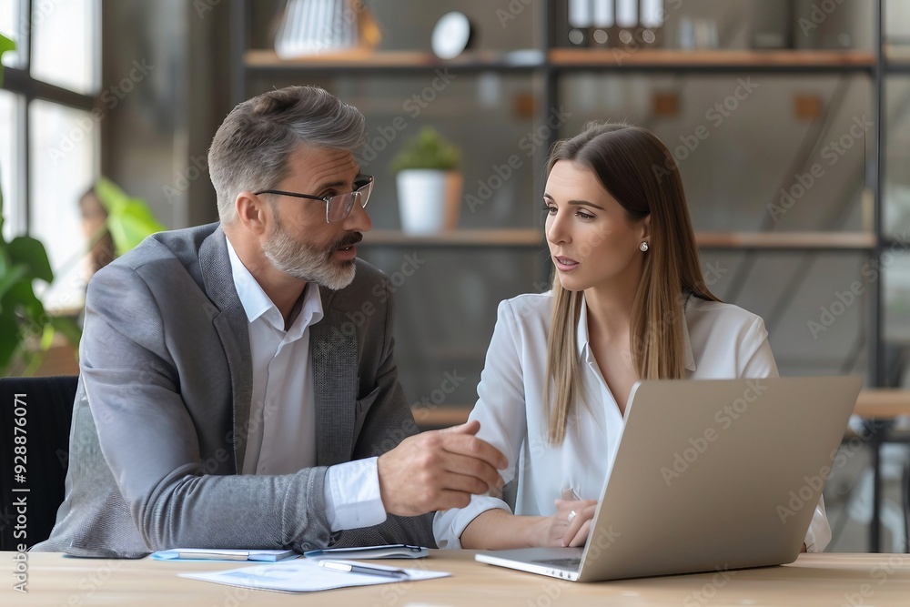 Businessman and businesswoman discussing project on laptop in office Businessman and businesswoman discussing project on laptop in office