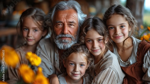 A picturesque family reunion, with a large group of family members posing together in a backyard, the grandparents seated in the center, surrounded by their children and grandchildren,