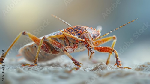 Close-up of a red and blue crab on a surface with a white background.