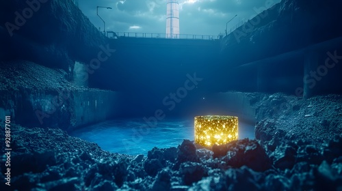 Glowing Nuclear Waste Disposal Facility Underwater in Futuristic Sci Fi Scene photo