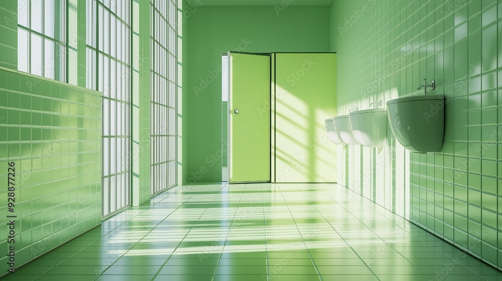 Inside the green public restroom are toilet cubicles with an open door and a panoramic window ...