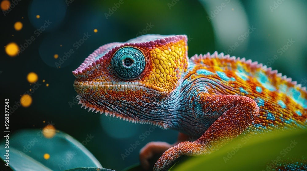 Fototapeta premium Vibrant Close-up of Chameleon Changing Colors in Nature's Wonderment